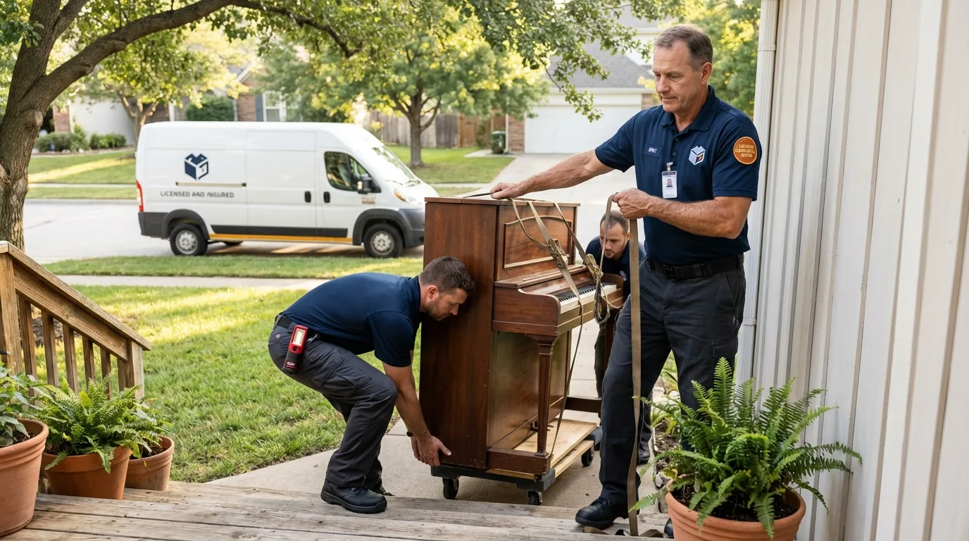 Licensed piano movers securing grand piano in Ulysses, KS