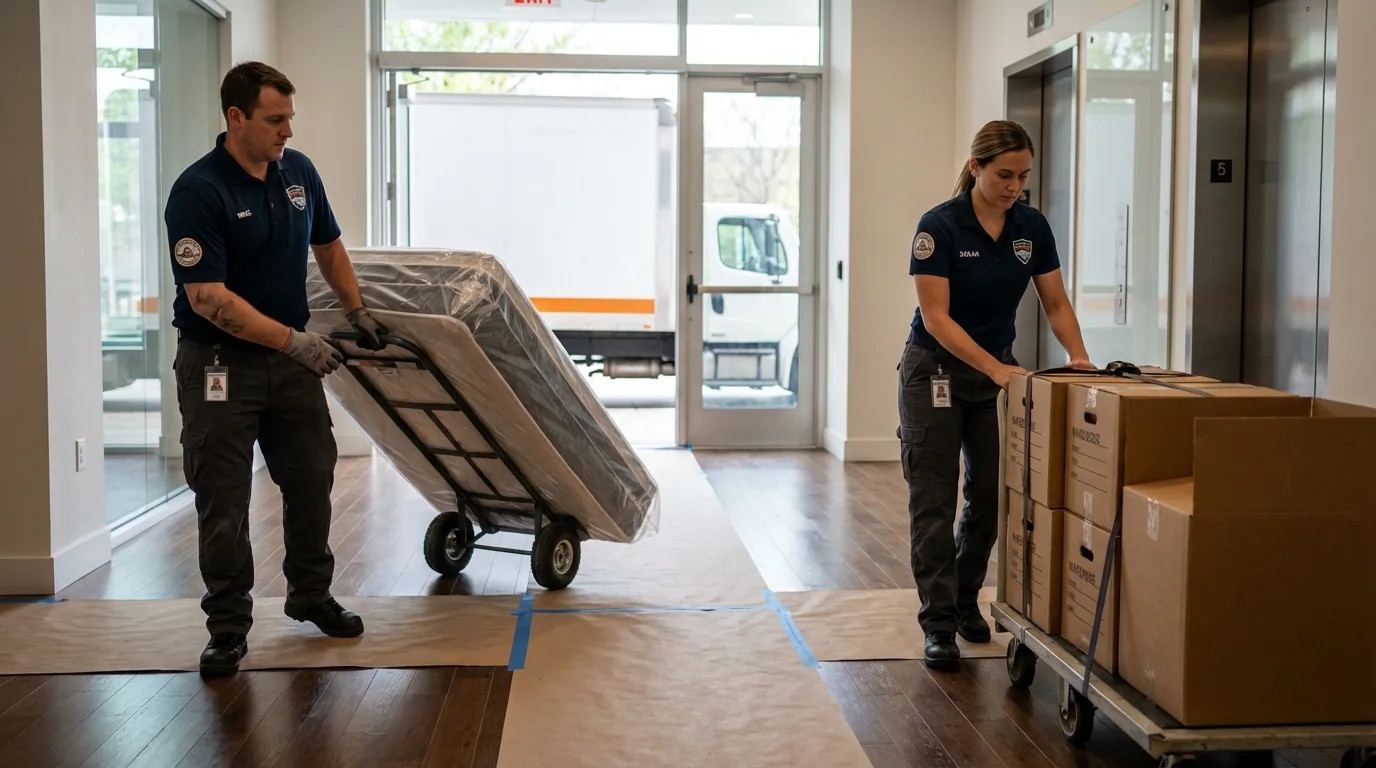 Professional apartment movers loading elevator in Ulysses, KS